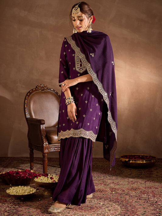 Indo era Purple Embroidered Straight Kurta Sharara With Dupatta Set