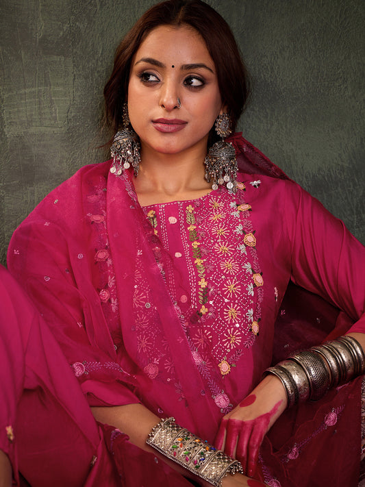 Pink Embroidered Straight Kurta Trousers With Dupatta Set