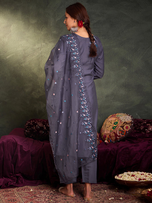 Indo Era Blue Embroidered Straight Kurta Trousers With Dupatta Set