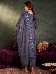 Indo Era Blue Embroidered Straight Kurta Trousers With Dupatta Set