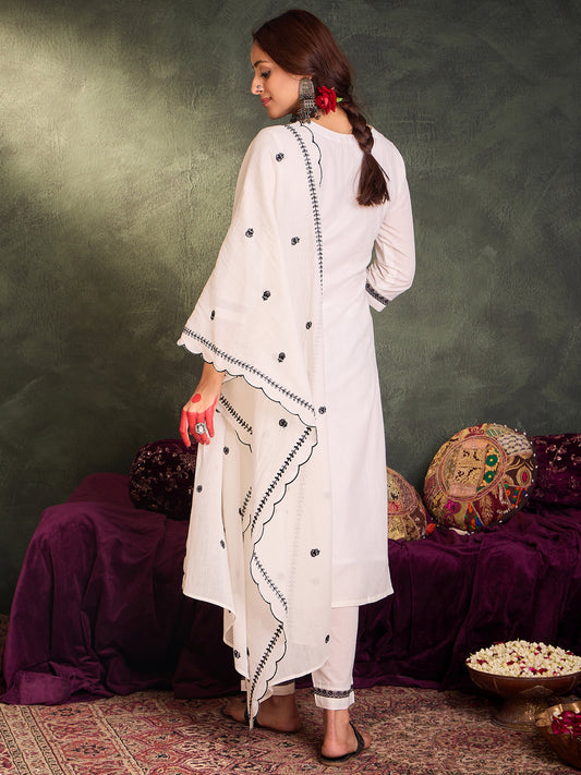 Indo Era White Embroidered Straight Kurta Trousers With Dupatta Set