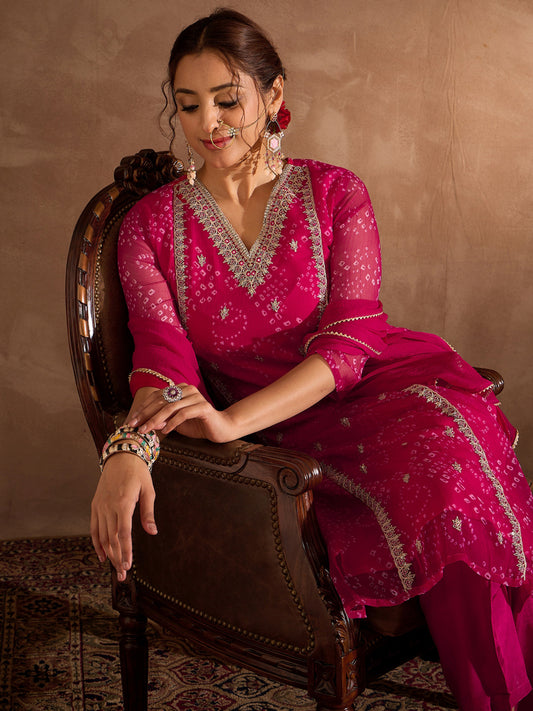 Indo Era Pink Embroidered Straight Kurta Trousers With Dupatta Set