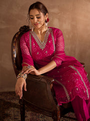 Indo Era Pink Embroidered Straight Kurta Trousers With Dupatta Set