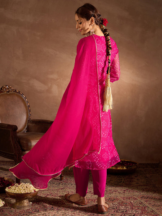 Indo Era Pink Embroidered Straight Kurta Trousers With Dupatta Set