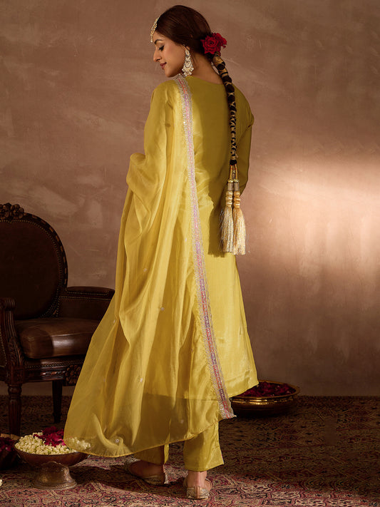 Indo Era Yellow Embroidered Straight Kurta Trousers With Dupatta Set