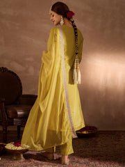 Indo Era Yellow Embroidered Straight Kurta Trousers With Dupatta Set