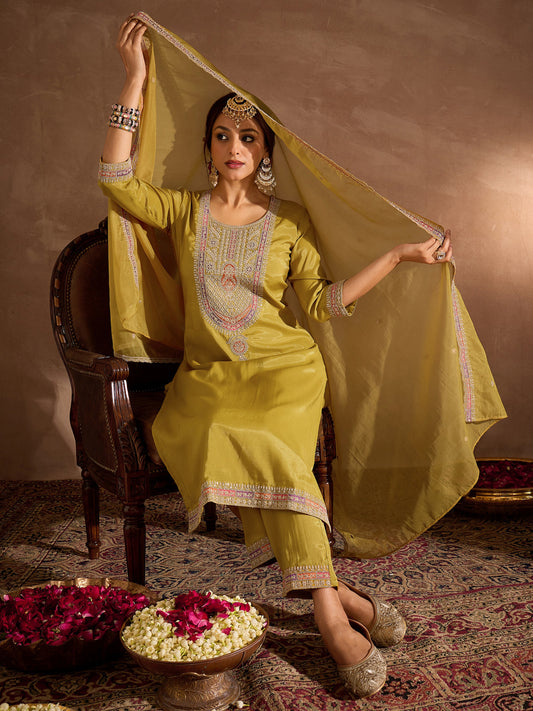 Indo Era Yellow Embroidered Straight Kurta Trousers With Dupatta Set
