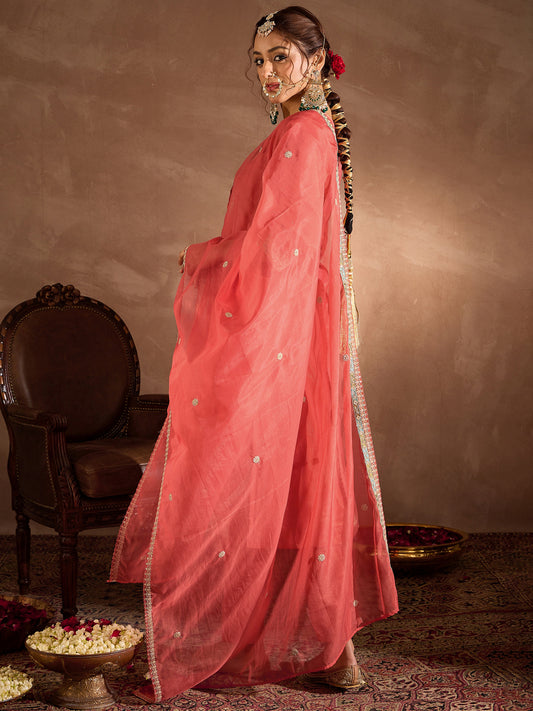 Indo Era Rust Embroidered Straight Kurta Trousers With Dupatta Set