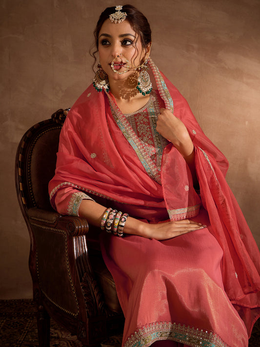Indo Era Rust Embroidered Straight Kurta Trousers With Dupatta Set