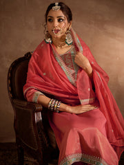 Indo Era Rust Embroidered Straight Kurta Trousers With Dupatta Set