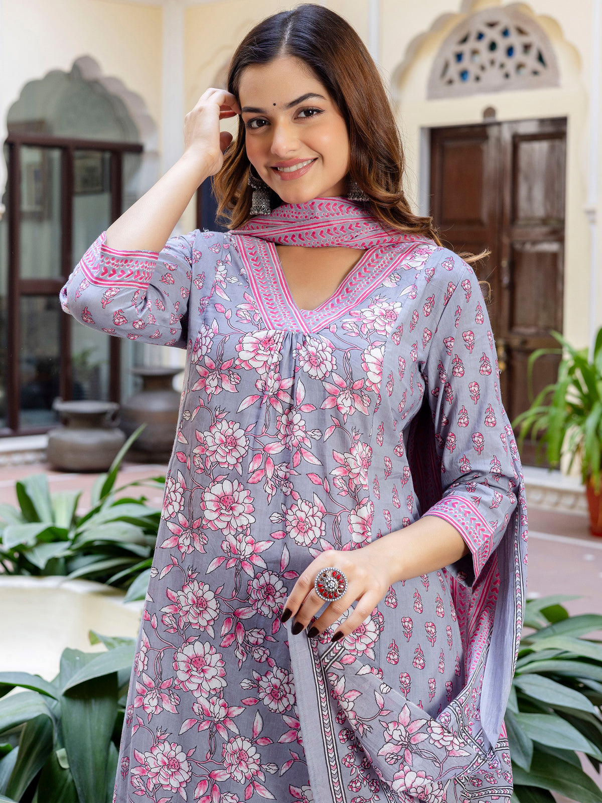 Indo Era Grey Printed A-Line Kurta Trousers With Dupatta Set