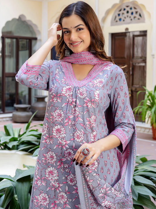 Indo Era Grey Printed A-Line Kurta Trousers With Dupatta Set