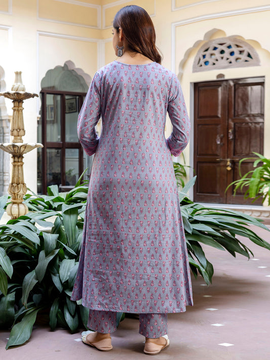 Indo Era Grey Printed A-Line Kurta Trousers With Dupatta Set