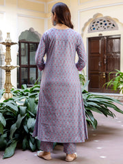 Indo Era Grey Printed A-Line Kurta Trousers With Dupatta Set
