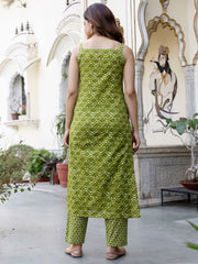 Indo Era Green Printed Straight Kurta Trousers With Dupatta Set