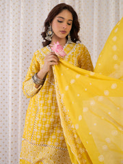Mustard Embroidered Straight Kurta Trousers With Dupatta Set