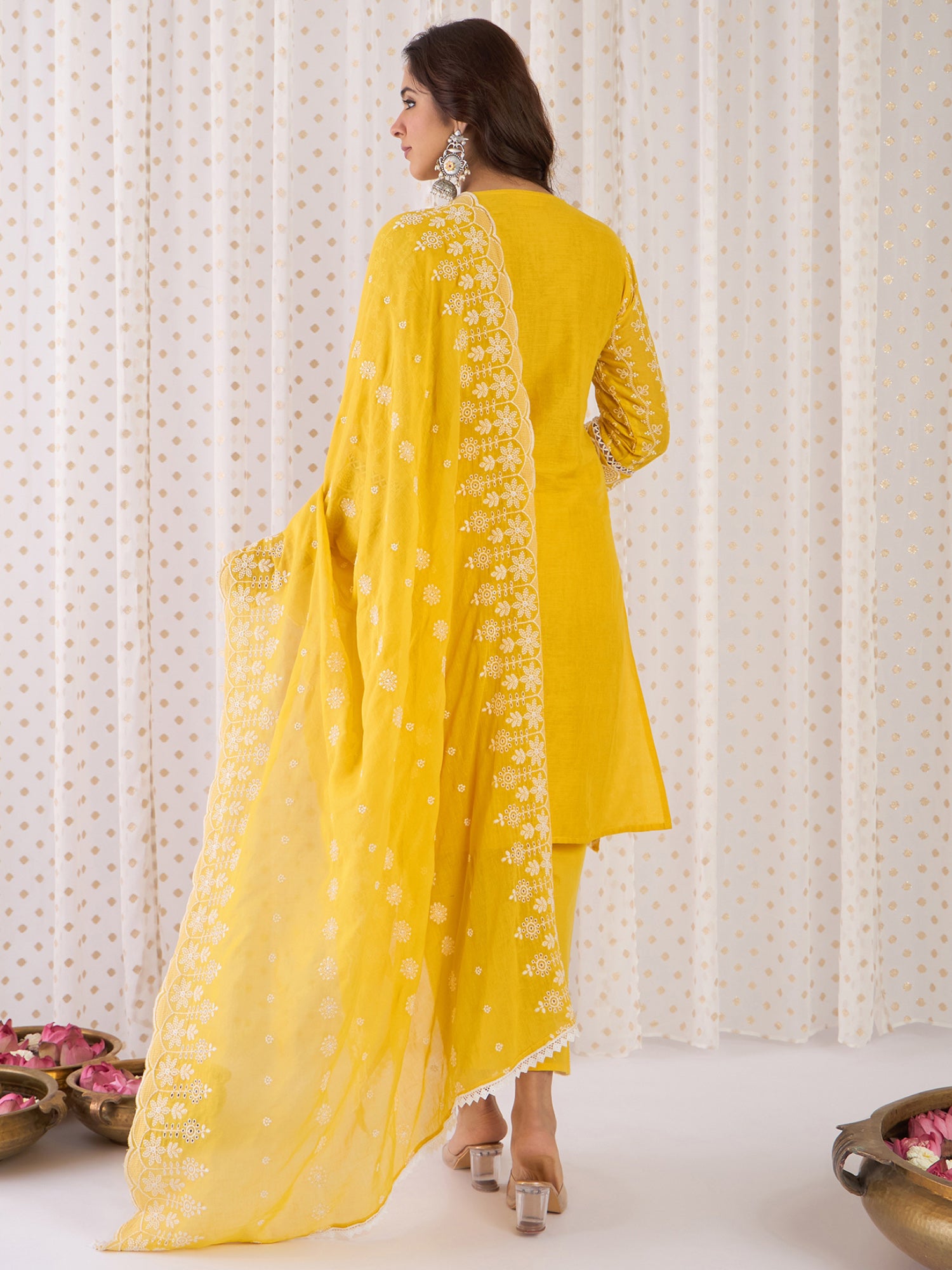 Mustard Embroidered Straight Kurta Trousers With Dupatta Set
