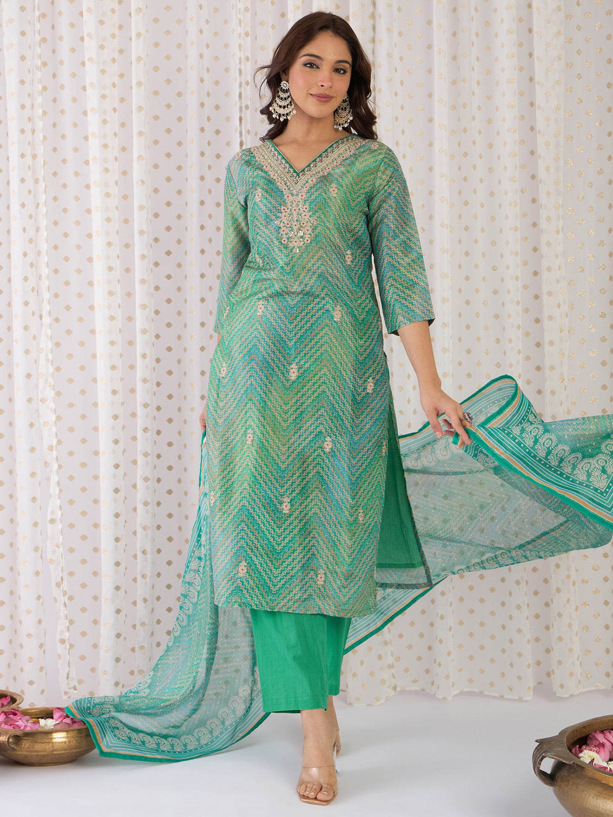 Indo Era Multi Embroidered Straight Kurta Trousers With Dupatta Set