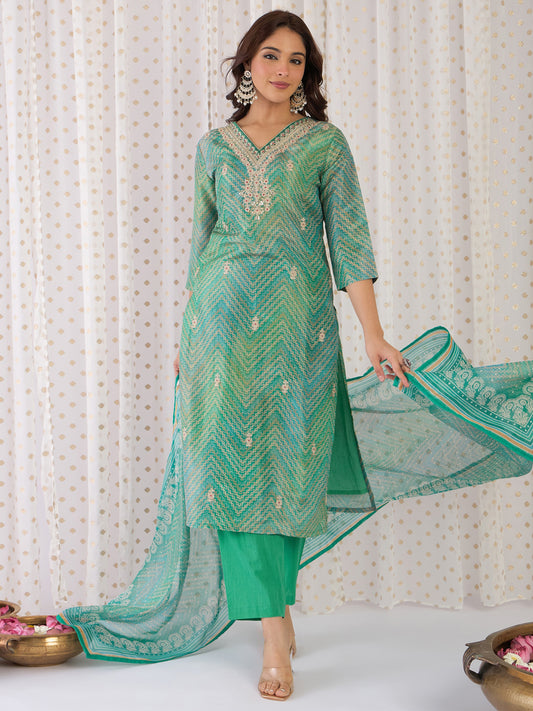 Indo Era Multi Embroidered Straight Kurta Trousers With Dupatta Set