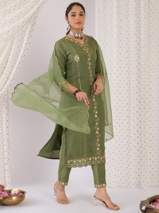 Indo Era Green Embroidered Straight Kurta Trousers With Dupatta Set