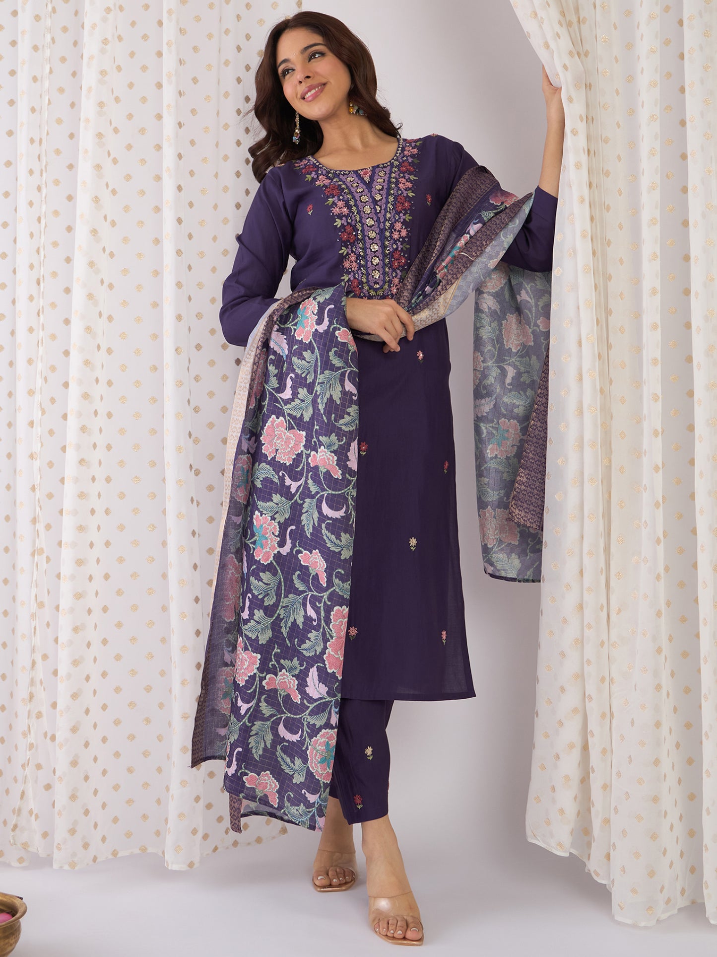Purple Embroidered Straight Kurta Trousers With Dupatta Set