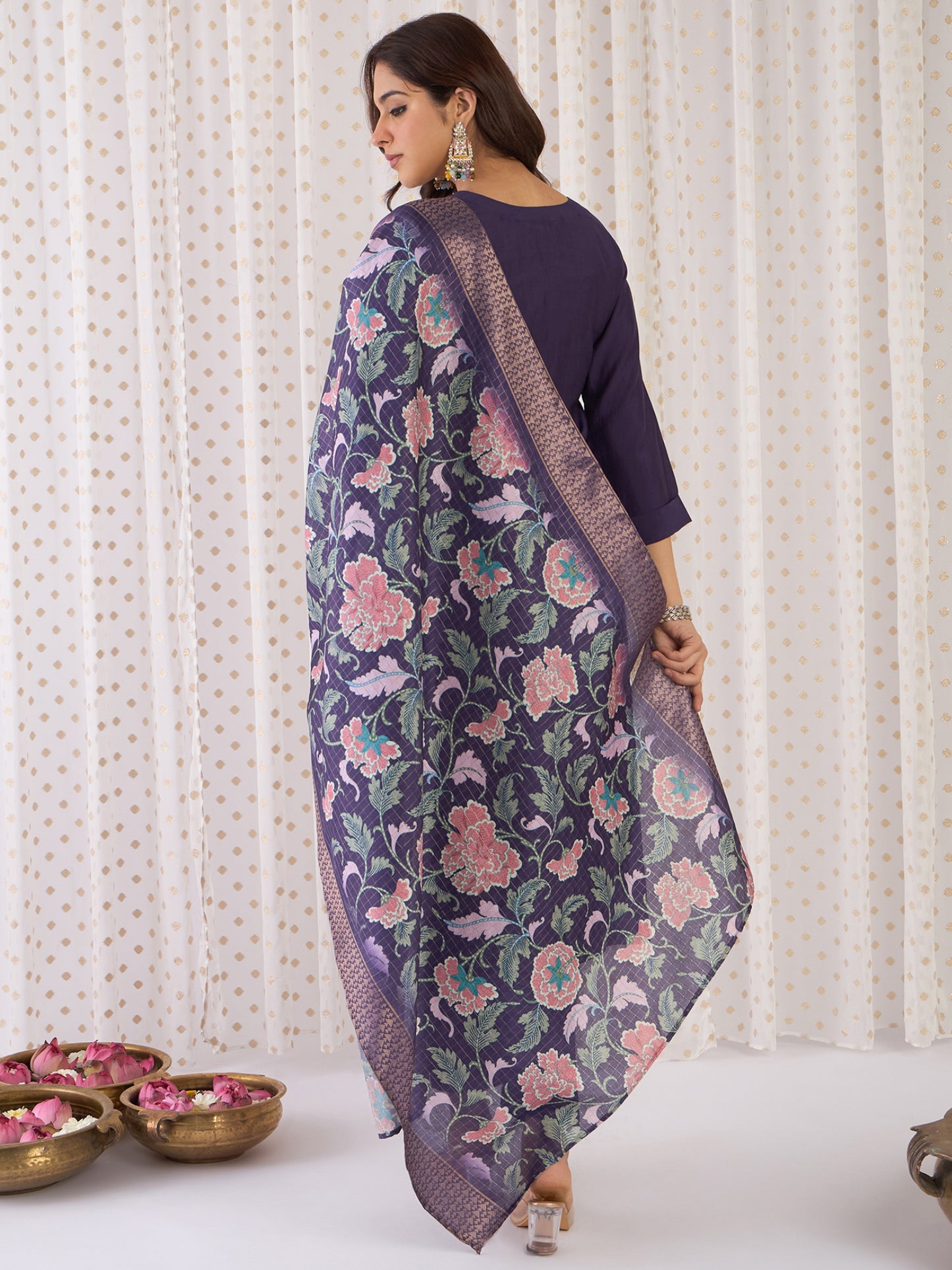 Purple Embroidered Straight Kurta Trousers With Dupatta Set