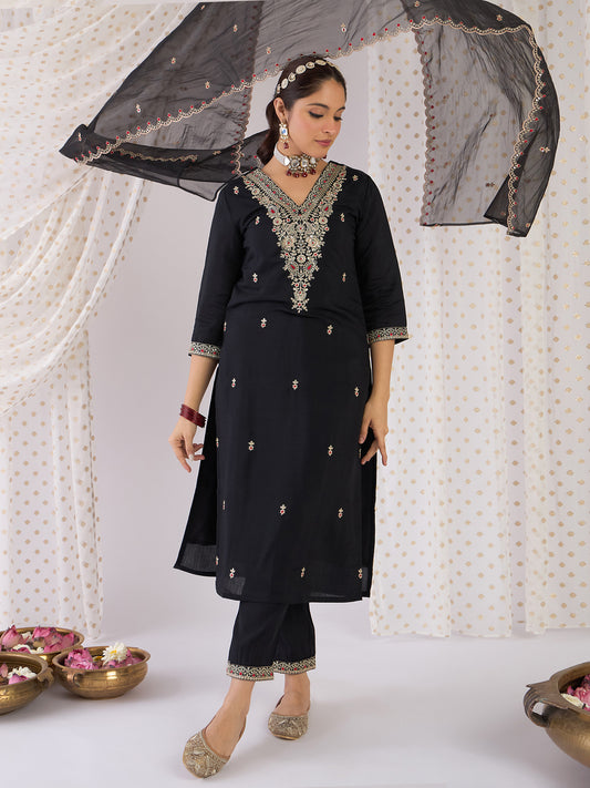 Indo Era Black Embroidered Straight Kurta Trousers With Dupatta Set