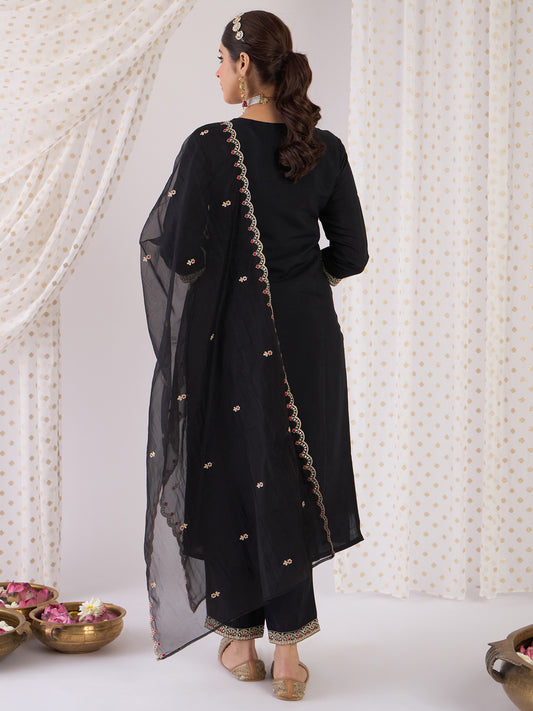 Indo Era Black Embroidered Straight Kurta Trousers With Dupatta Set