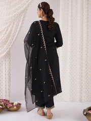 Indo Era Black Embroidered Straight Kurta Trousers With Dupatta Set