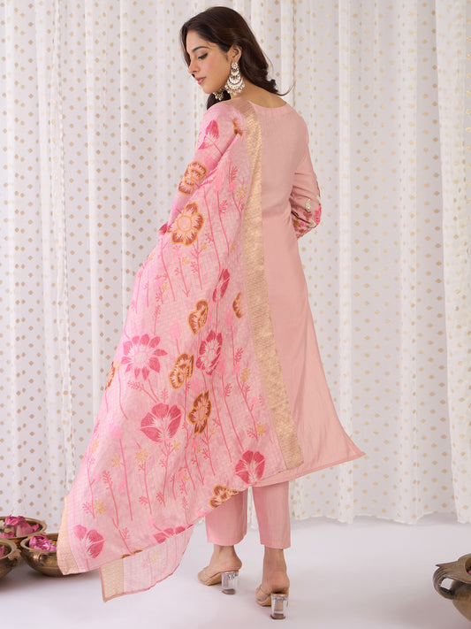 Indo Era Peach Embroidered Straight Kurta Trousers With Dupatta Set