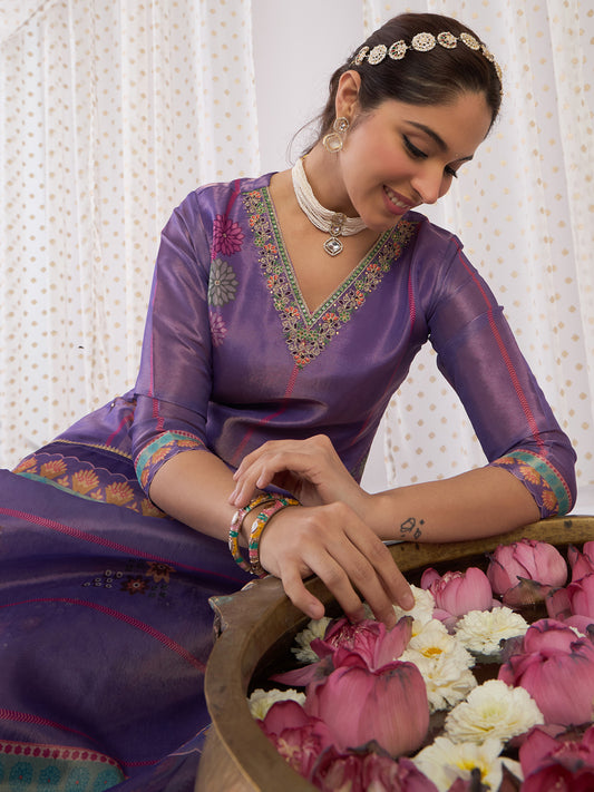 Indo Era Lavender Printed Straight Kurta Trousers With Dupatta Set