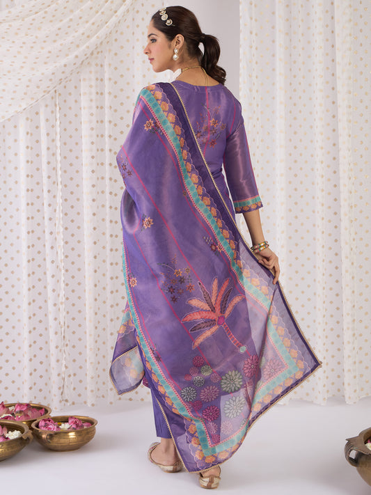 Indo Era Lavender Printed Straight Kurta Trousers With Dupatta Set