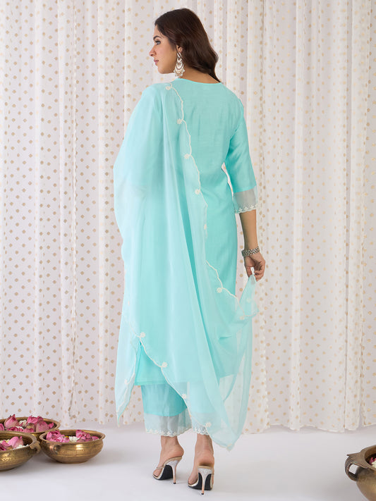 Indo Era Blue Embroidered Straight Kurta Trousers With Dupatta Set