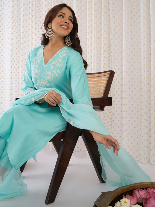 Indo Era Blue Embroidered Straight Kurta Trousers With Dupatta Set