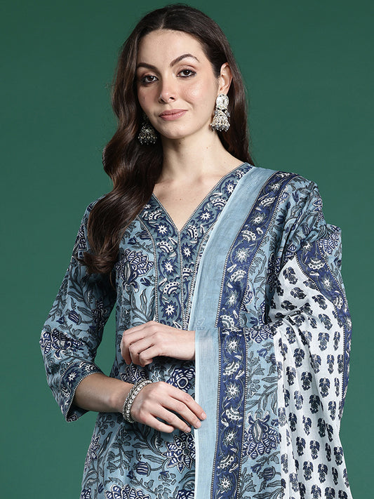 Indo Era Blue Printed A-Line Kurta Trousers With Dupatta Set