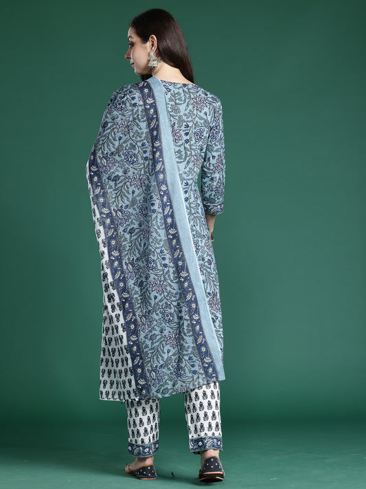 Indo Era Blue Printed A-Line Kurta Trousers With Dupatta Set
