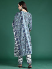 Indo Era Blue Printed A-Line Kurta Trousers With Dupatta Set