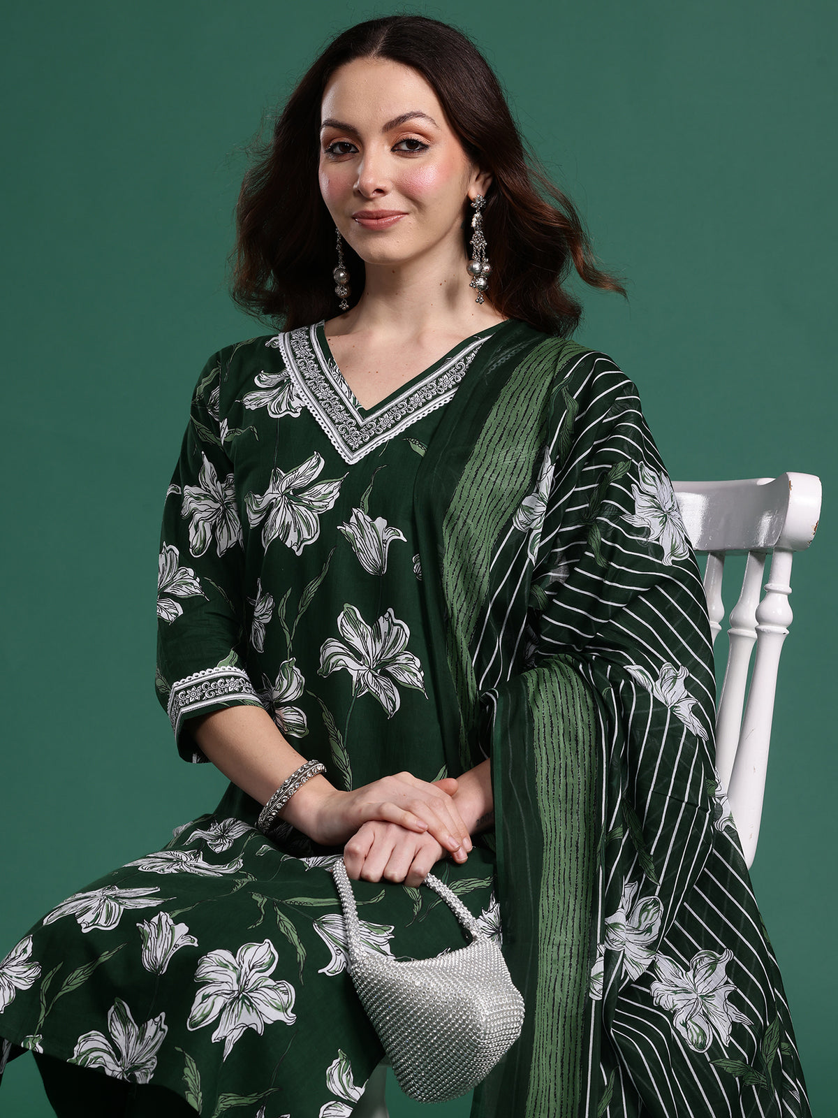 Indo Era Green Printed Straight Kurta Trousers With Dupatta Set