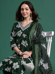 Indo Era Green Printed Straight Kurta Trousers With Dupatta Set