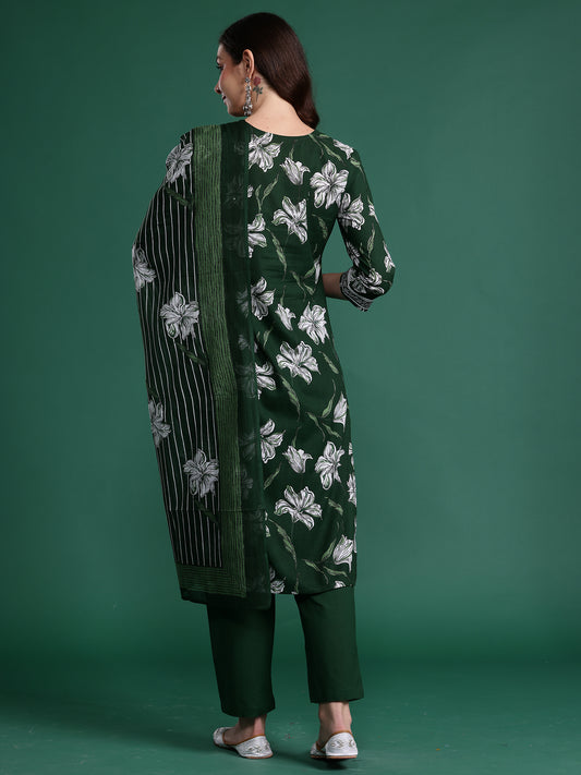Indo Era Green Printed Straight Kurta Trousers With Dupatta Set