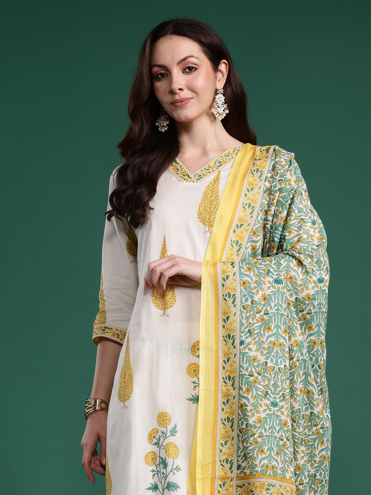 Indo Era Off White Printed Straight Kurta Trousers With Dupatta Set