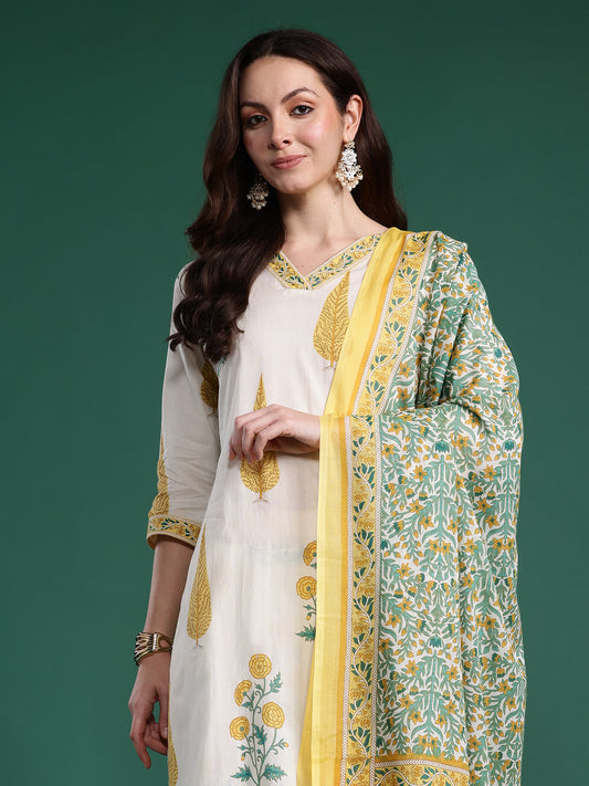 Indo Era Off White Printed Straight Kurta Trousers With Dupatta Set