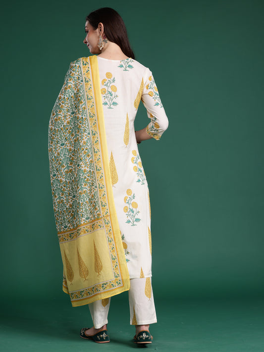 Indo Era Off White Printed Straight Kurta Trousers With Dupatta Set