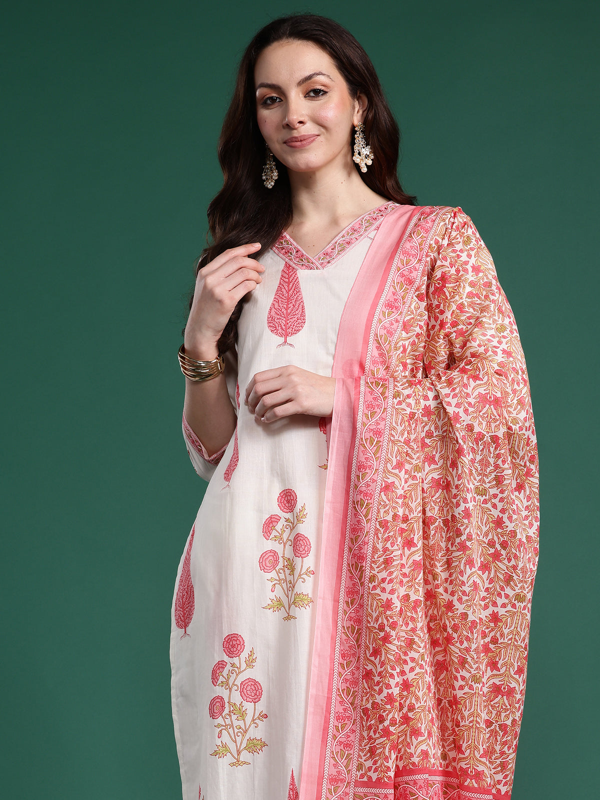 Indo Era Off White Printed Straight Kurta Trousers With Dupatta Set