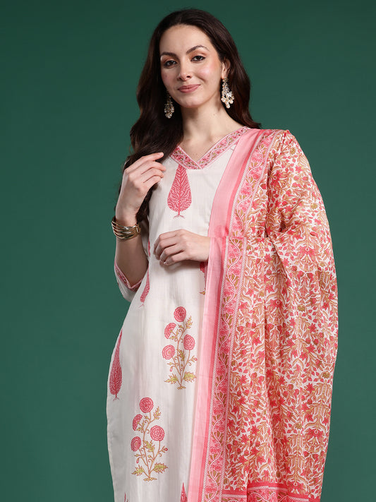 Indo Era Off White Printed Straight Kurta Trousers With Dupatta Set