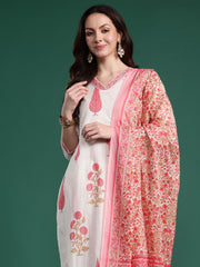 Indo Era Off White Printed Straight Kurta Trousers With Dupatta Set
