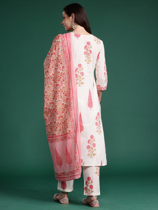 Indo Era Off White Printed Straight Kurta Trousers With Dupatta Set