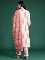 Indo Era Off White Printed Straight Kurta Trousers With Dupatta Set