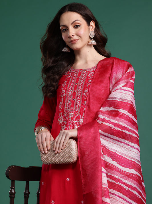 Indo Era Pink Embroidered Straight Kurta Trousers With Dupatta Set