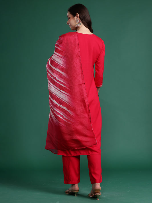 Indo Era Pink Embroidered Straight Kurta Trousers With Dupatta Set